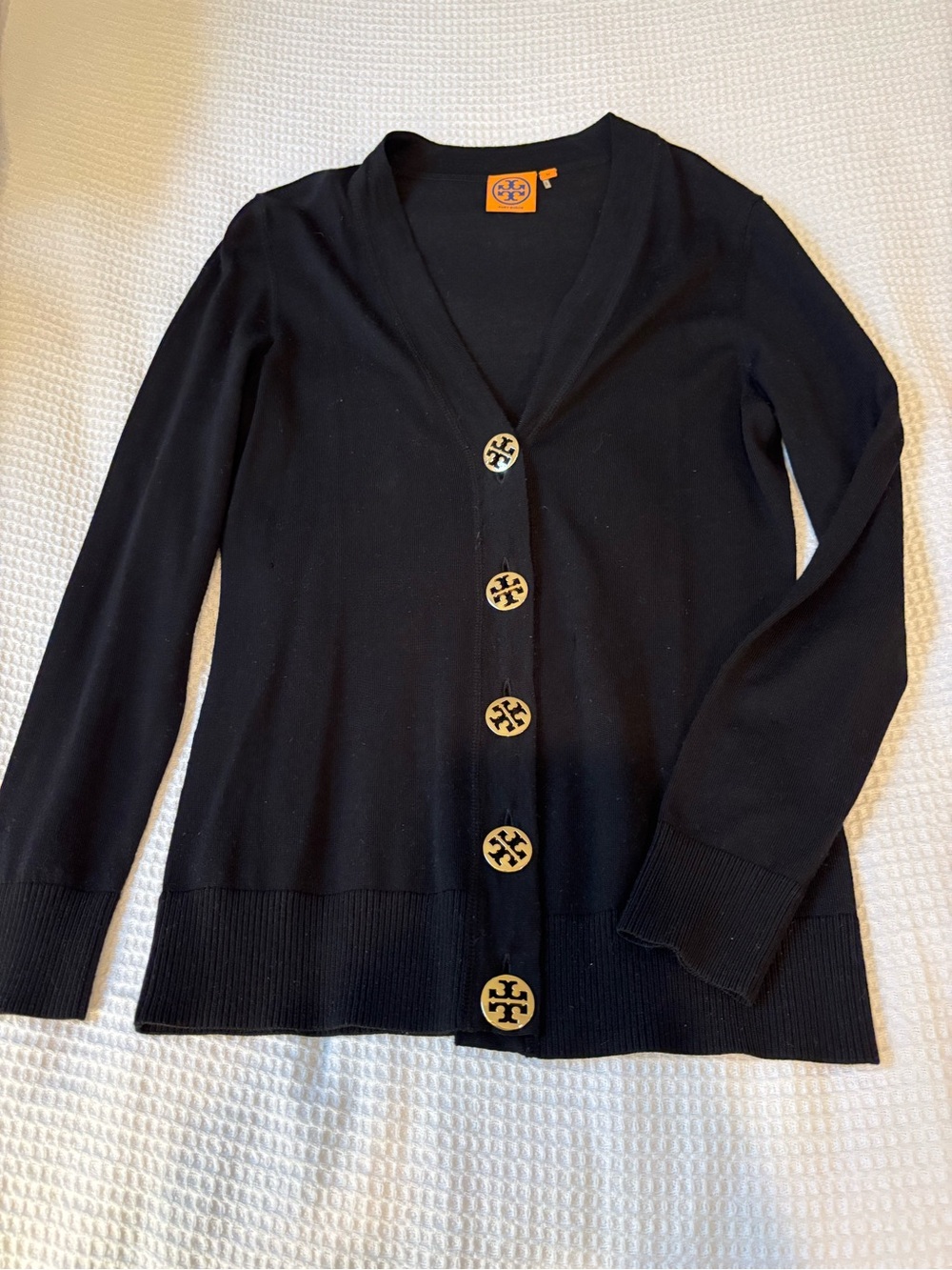 Tory Burch Black Button-Front V-Neck Cardigan with Logo Buttons